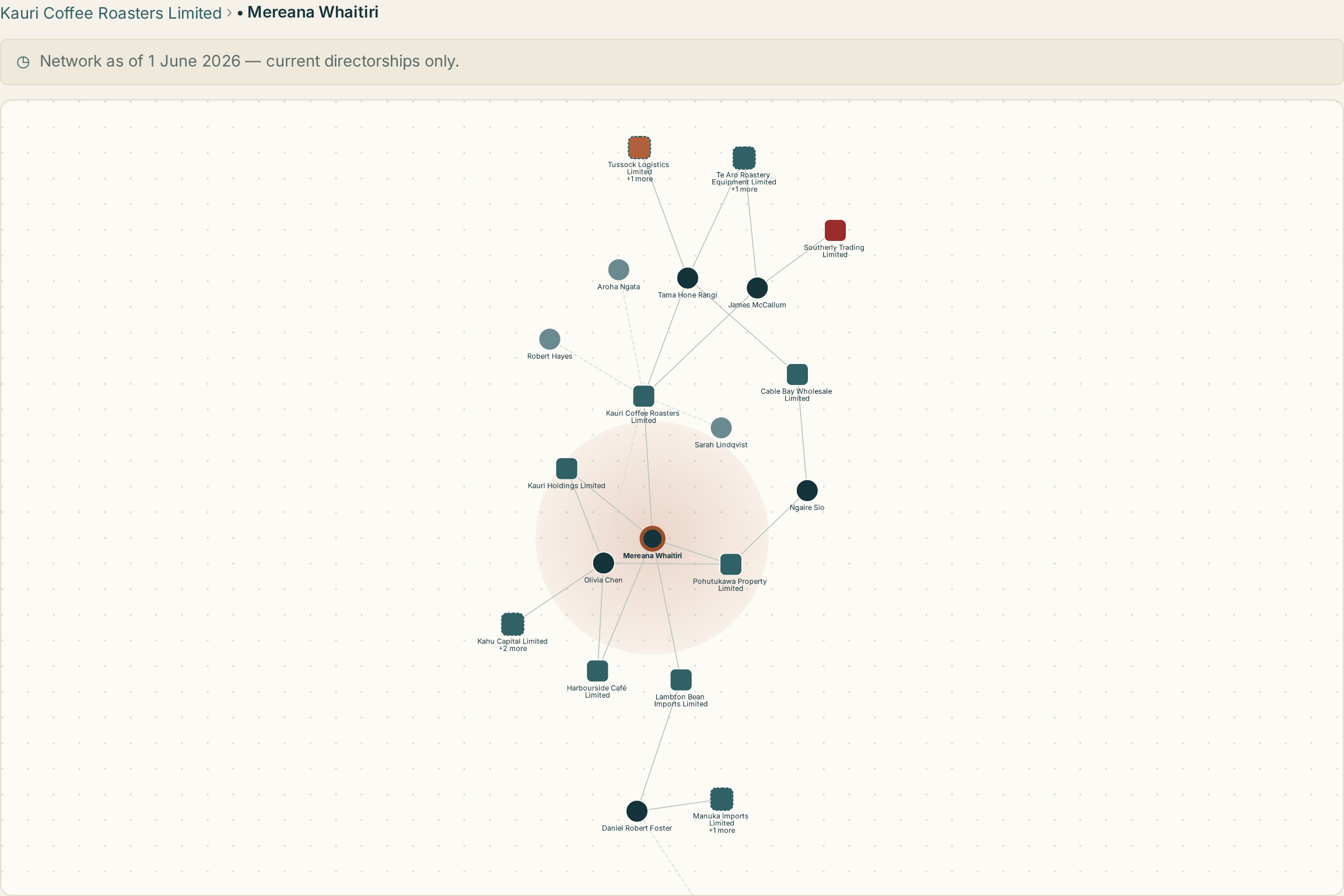 The interactive director network graph, drilled into a director and their connected companies
