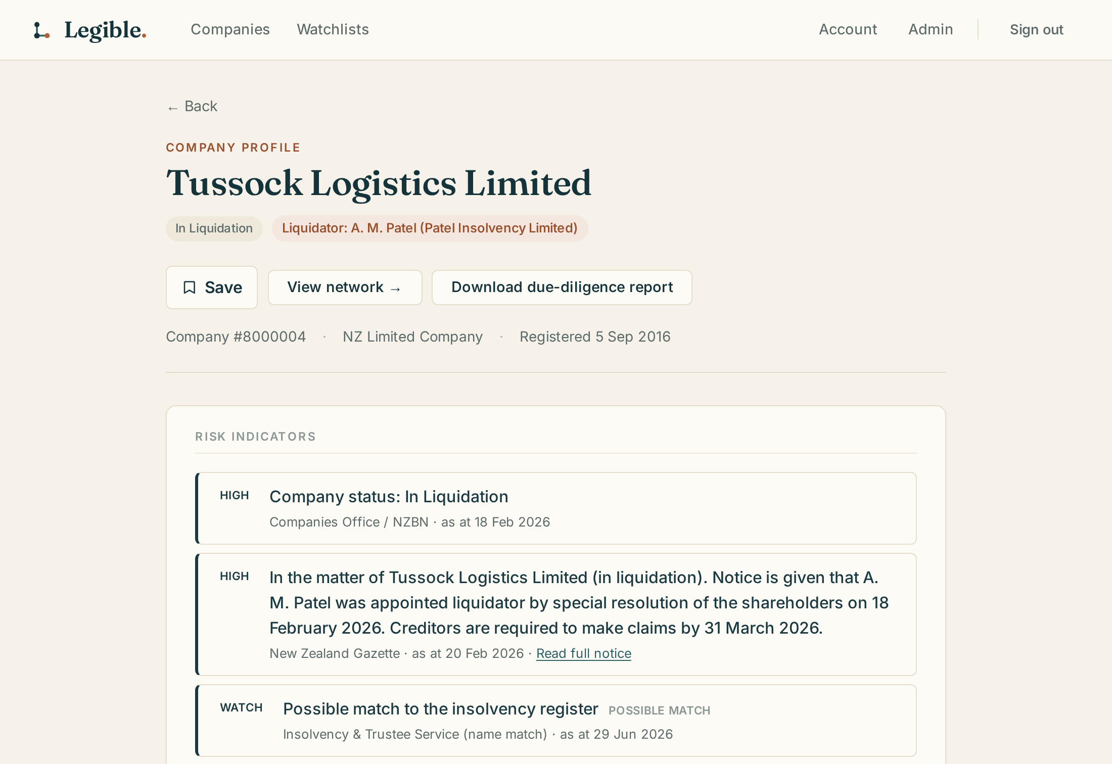 A joined company profile with risk indicators surfaced inline
