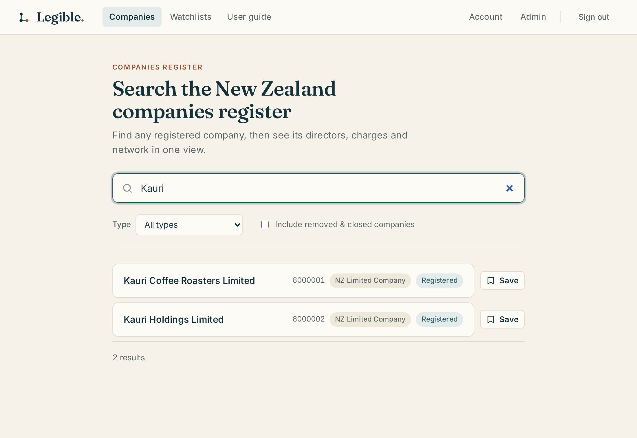 Search results for a company name, showing two matches with status and type